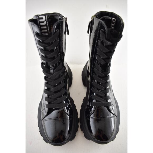 Miu Miu Naplak Tech Black Patent Leather Platform Lace Up Combat Moto Boot 36.5 - Picture 8 of 15